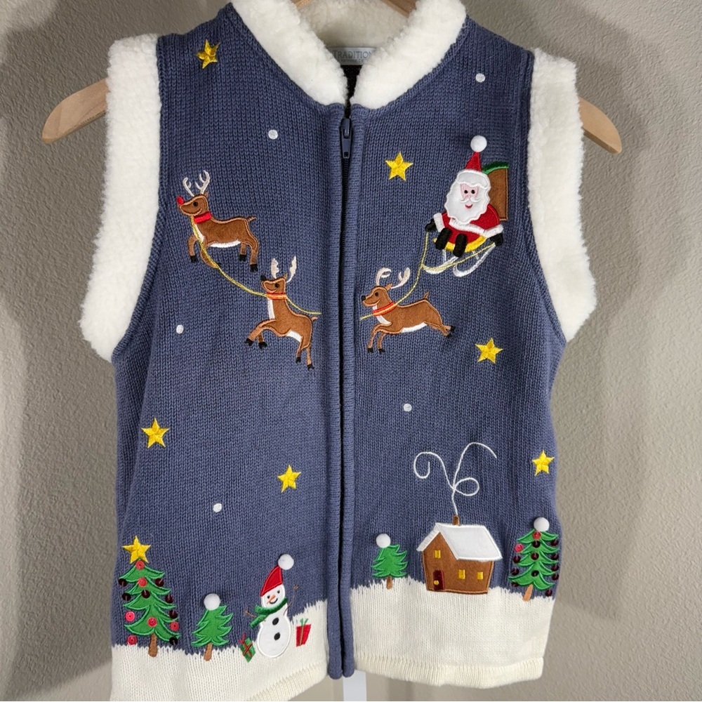 Christmas Sweater Embroidered sequins Faux Fur Trim‎ Holiday Santa Reindeer MP